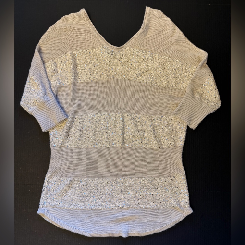 Express Sparkling Beige Knit Striped Sweater Top With Sequin Details Sz-S.‎ EE12